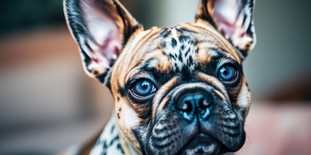 Merle French bulldog with blue eyes and unique mottled coat